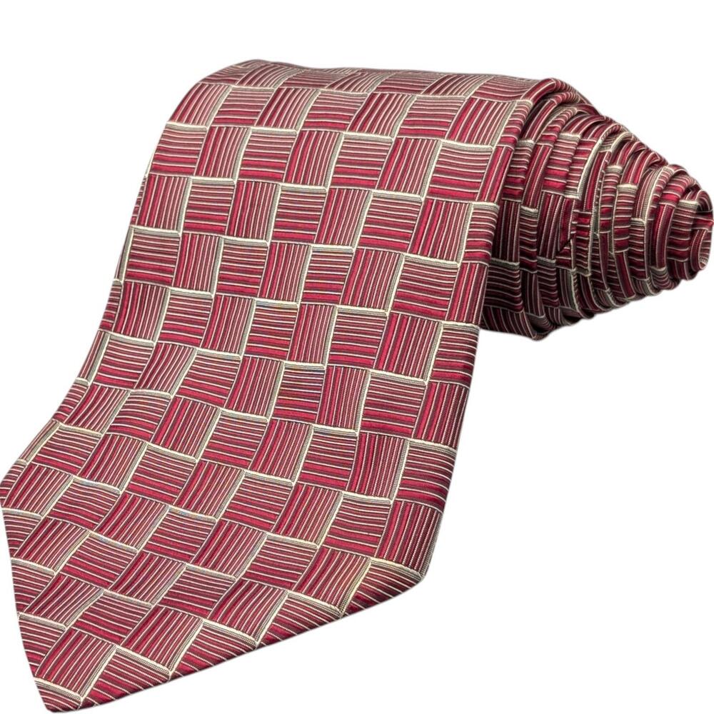Polo Ralph Lauren Tie 55" Silk‎ Red Basket Weave Checkered Geometric USA Vintage